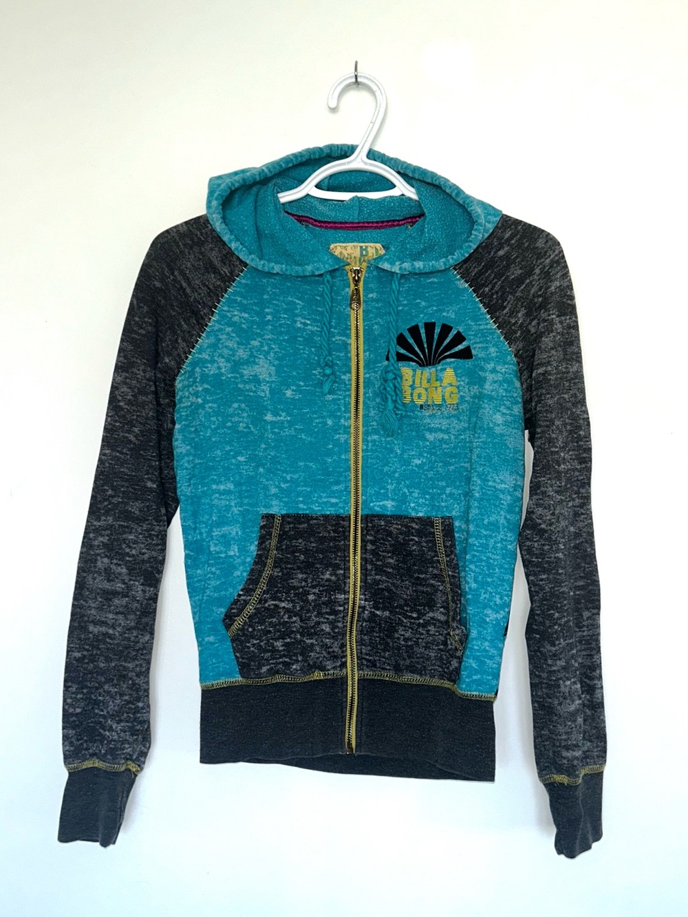 Y2K Billabong Teal & Charcoal Zip-Up Hoodie Size Small Vintage Skatergirl